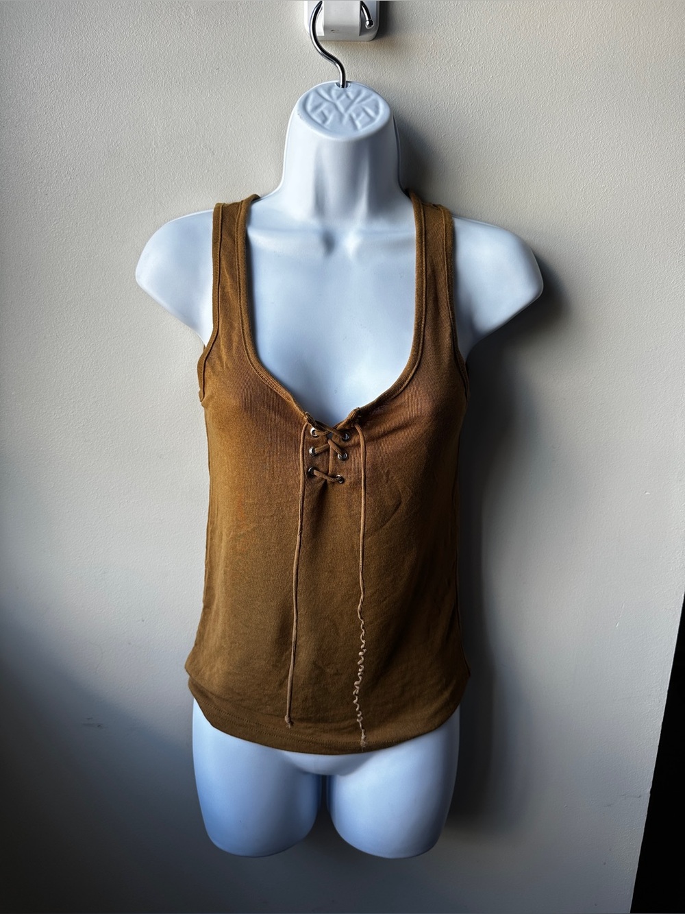 Sweewe Women's S Camel Tan Ribbed Knit Lace Up Sleeveless Tank Top Boho Chic
